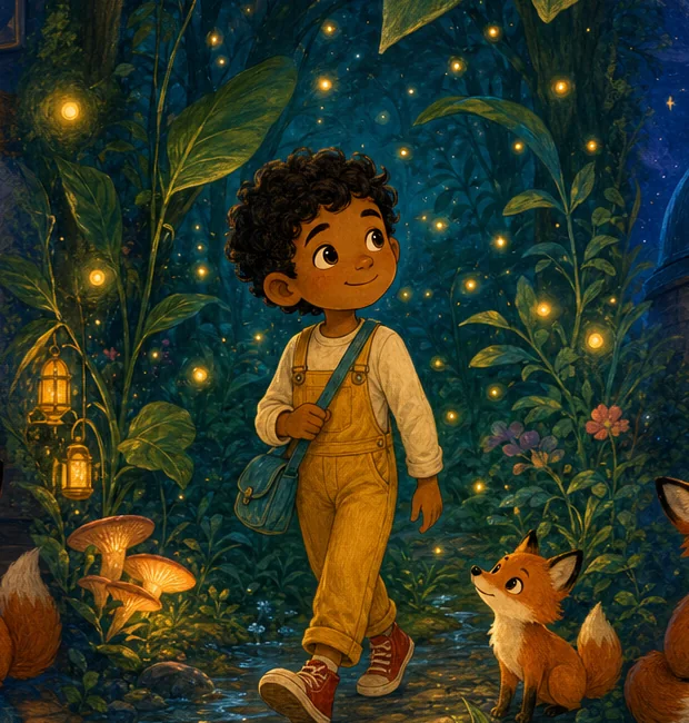 A child and fox exploring an enchanted forest filled with fireflies