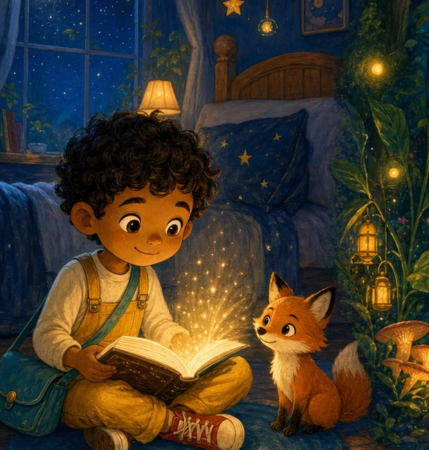 A child reading from a glowing book beside a fox in a moonlit bedroom