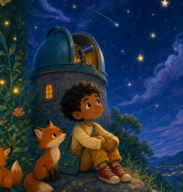 A child and fox looking at the stars beside a hilltop observatory